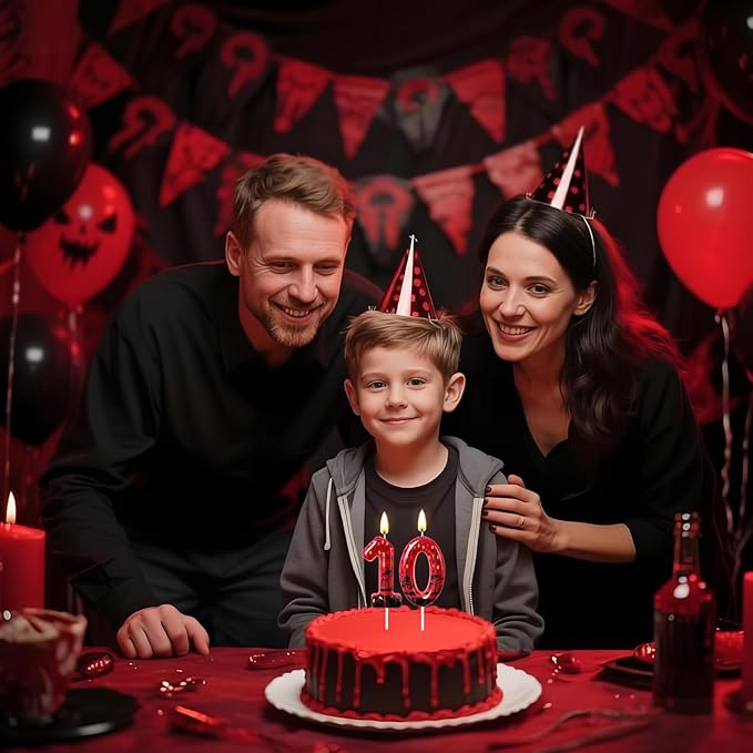 Red Number 10 Birthday Candle for Cake – Dark Horror Style with Alphabet Print & Shadow Design – Unique Cake Topper for Birthday, Anniversary, Themed Party Decoration