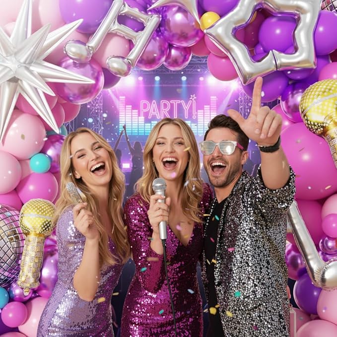 Kpop Balloon Garland Arch Kit 160Pcs with Star Microphone Disco Musical Symbols Foil Balloons, Songster Birthday Decoration for Music Fans Popular Singer Birthday Princess Party Decorations