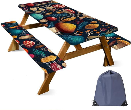 ANNA QUEEN 6FT Mushrooms Picnic Table Cover with Bench Covers Picnic Table Cover Set 3PCS 72"x30", Outdoor Bench and Tablecloth Furniture Protection