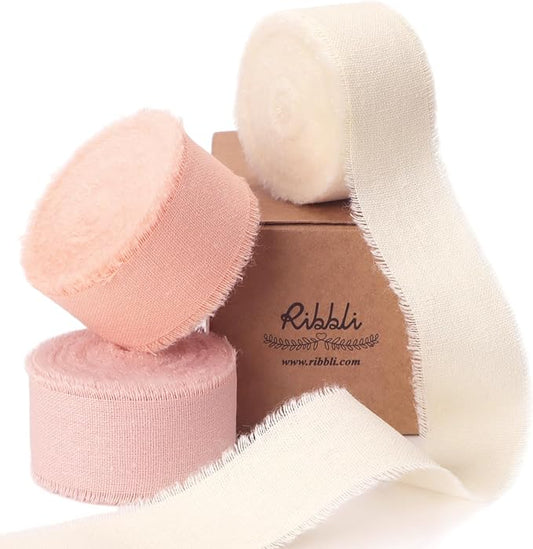Ribbli 3 Rolls Pink Ribbon 1 Inch x 18 Yards Ivory Blush Dusty Pink Handmade Cotton Frayed Fringe Ribbons for Gift Wrapping Wedding Invites Bridal Bouquets Baby Shower DIY Crafts Home Decor