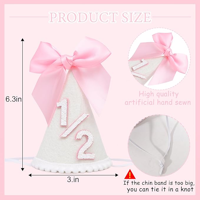 Pink Bow 1/2 Birthday Hat- Pink half Birthday hat, Princess 1st Birthday Supplies,Half Birthday Decorations for Girls