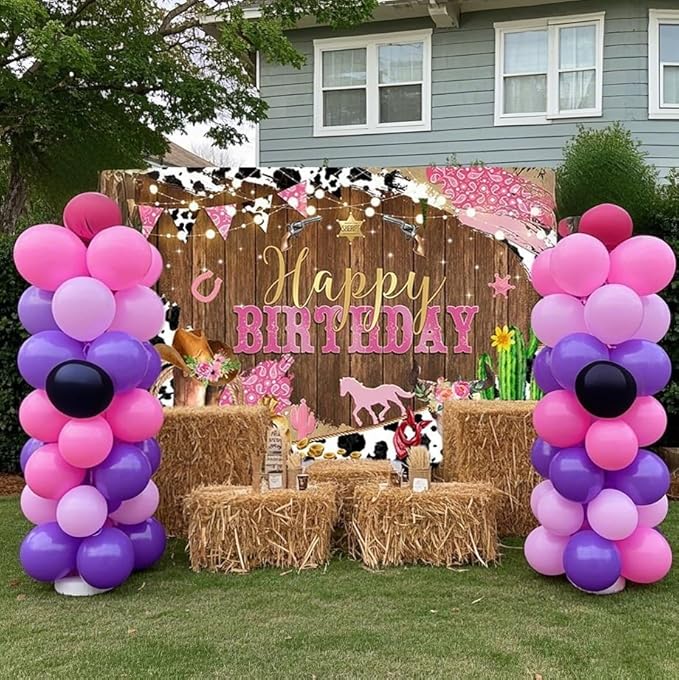 Mocsicka Western Backdrop - Cowgirl Happy Birthday Backdrop, Western Birthday Party Decorations, Pink for Grils Birthday Party Photography Background Supplies (Pink, 7x5ft (82x60 inch))