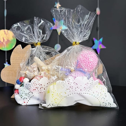AimtoHome Cellophane Treat Bags Clear Doilies, 9x6 inches, 50 Pack with Ties,Small Party Favors bags for Cookie Candy Popcorn