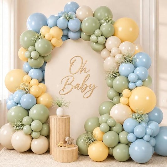 HILAVO Sage Green Dusty Blue Yellow Balloon Garland 126 Pcs Slate Blue Olive Green Yellow Sand White Cream Party Latex Balloons Arch Kit for Bridal Birthday Wild Party Deocration