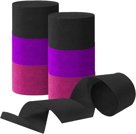 Rose Red Pink and Purple and Black Crepe Paper Streamers, Party Streamer Decorations for Various Party Festival Decorations, 6 Rolls