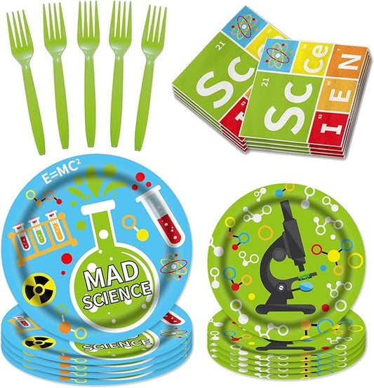 96 Pcs Science Party Decorations Tableware Set for Kids Teens Baby Shower Includes Plates Napkins Forks Chemistry Laboratory Themed Birthday Theme Party Supplies for 24 Guests