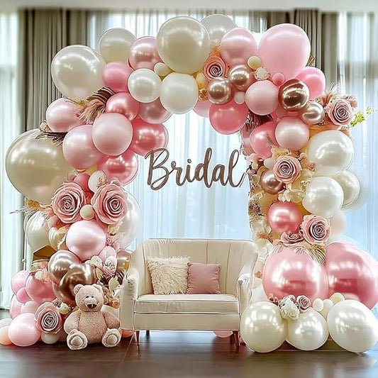 Pink White Balloon Garland Double Stuffed, Pastel Pearl Pink Champagne Gold White Sand Balloon Arch Kit for Mother's Day Birthday Baby Shower Bridal Shower Wedding First Communion Party Decorations