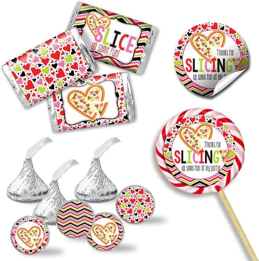 Amanda Creation Cute Heart Shaped Pizza Valentine's Day Birthday Party Sticker Bundle Kit 429 pieces! Includes 2" Circle Stickers for Favors, Mini Candy Bar Wrappers & Round Candy Kiss Stickers