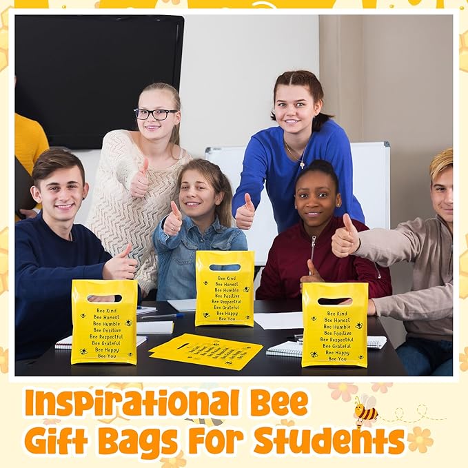 Coume 100 Sets Bee End of The Year Gifts Bags for Students 6 Colors Bee Inspiration Quotes Plastic Party Favors Treat Bags with Handles Birthday Party Favors, 6" x 8"