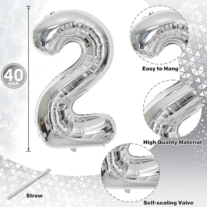 26 Balloons Number, Giant Silver Number 2 & 6 Helium Foil Balloon for Women 26th Birthday Decor, 40 Inch Self Inflating Mylar Number 26 Balloons for Man 62 Anniversary Party Decorations Supplies