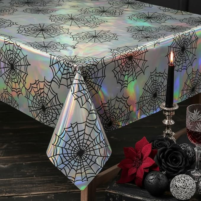 Cheerland Spiderweb Tablecloth Iridescent Holographic Foil Table Cover Halloween Decorations Disposable Plastic for Ghoul Birthday Bridal Shower Spooky Emo Gothic Summerween Party Supplies 2pcs