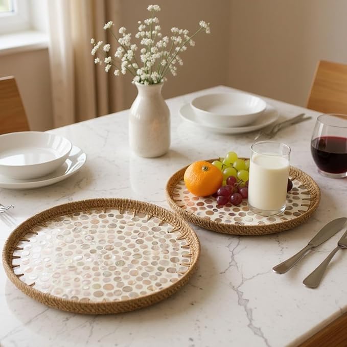 Round Rattan Tray with Mother of Pearl Inlay, Handwoven Wicker Coffee Table Serving Basket Tray for Fruit Snack Party Picnic Cafe Bedroom Kitchen Home Decor Set of 2 (Apricot Dot)