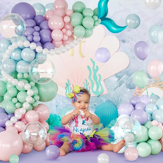 CROSSFINGERS Mermaid Balloon Garland Arch Kit,145pcs Purple Pastel Pink light Blue Balloons with Mermaid Tails Foil Balloons for Birthday Gender Reveal Baby Shower Ocean Themed Party Decorations