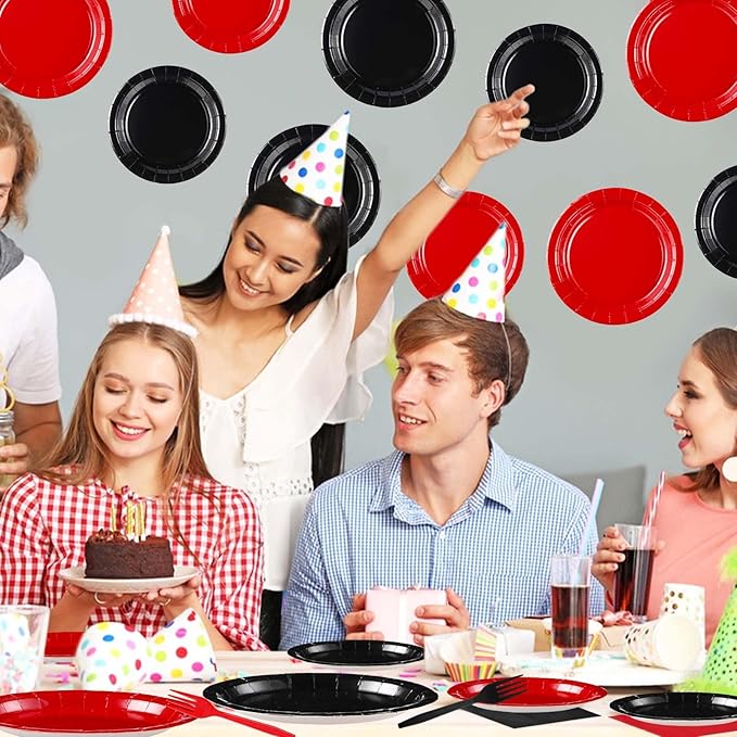 200Pcs Red and Black Party Supplies Graduation Black and Red Paper Plates and Napkins Disposable Stranger Tableware Set for Congrats Grad Holiday Red Black Wedding Birthday Party Decorations Serves 50