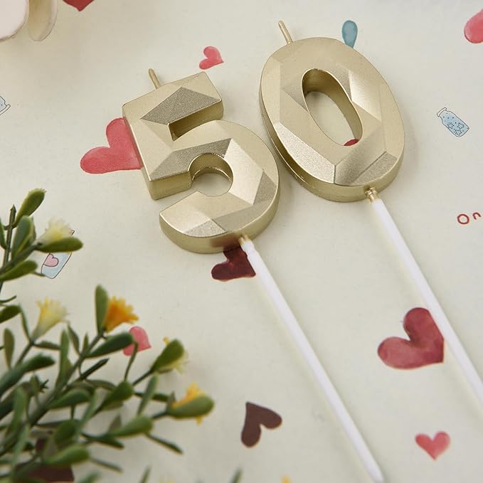 2 inch Gold 50 Birthday Candles, 3D Diamond Number 50 Cake Topper for Men Women Birthday Party Decorations Theme Party