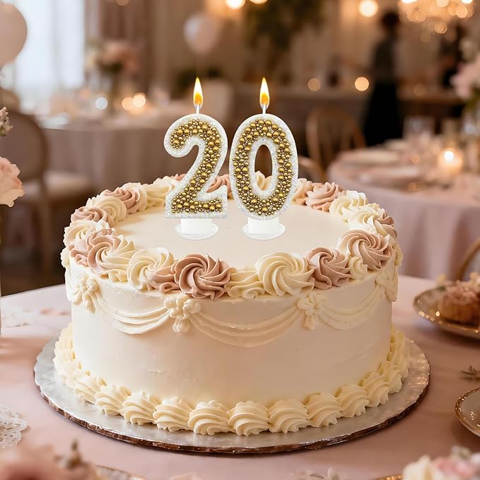 20 Birthday Number Candle for Cake, Glitter Number Candle with Gold Beads, Decorative Cake Topper for Milestone Celebrations