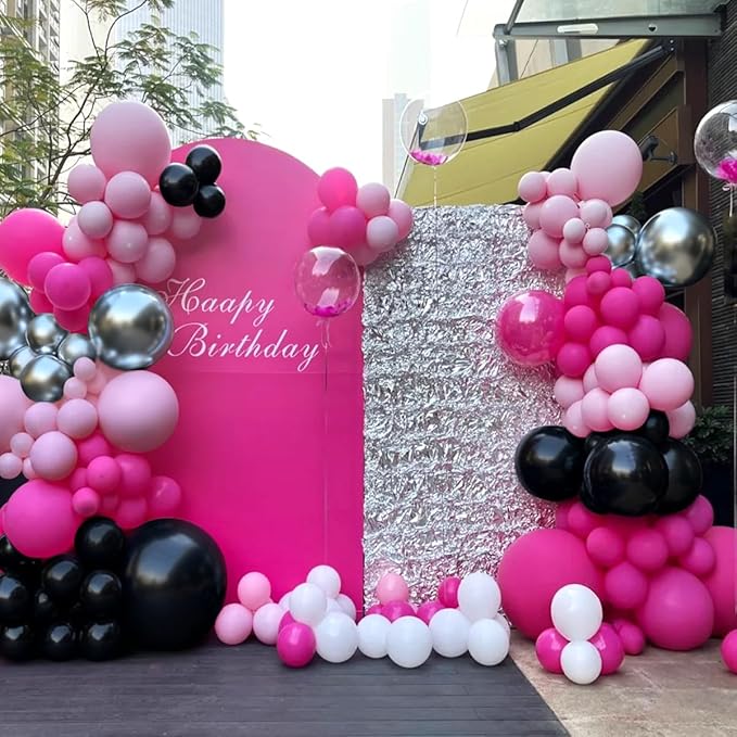 MEBAY Hot Pink Black Silver Balloon Garland Arch Kit, 166Pcs Red Black Pink Silver Balloons for Birthday Graduation Baby Shower Wedding Anniversary Bachelorette Party Decorations
