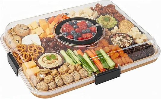 Bamboo Charcuterie Board with Clear Lid, Portable Serving Tray with Handles and Compartments, Cheese Board & Snack Platter for Parties, Travel & Entertaining.