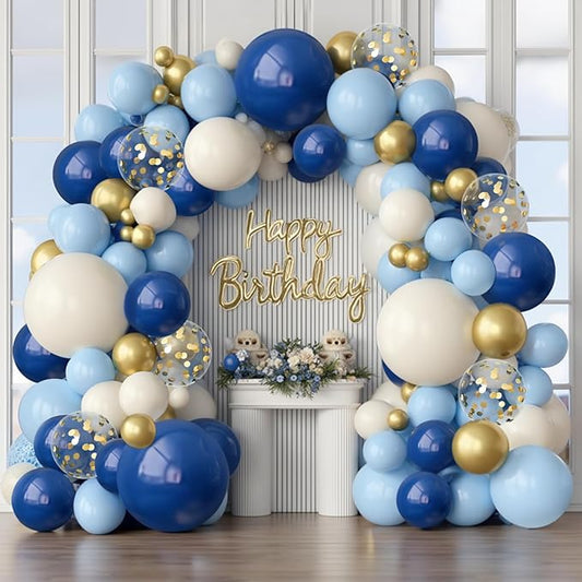 Navy Blue Gold Balloon Arch Kit,Dark Light Pastel Blue Sand White Beige Chrome Gold with Confetti Balloons Garland for Birthday Graduation Wedding Bridal Shower Party Decorations