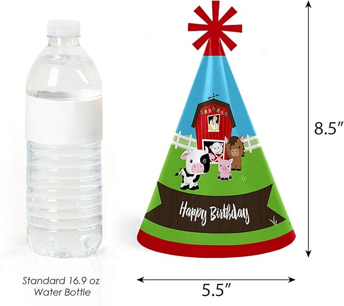 Big Dot of Happiness Farm Animals - Cone Party Hats for Kids and Adults - Set of 8