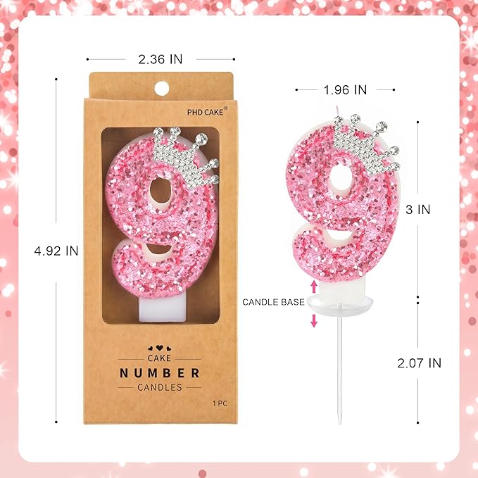 PHD CAKE Birthday Number Candles,Pink Crown Birthday Candles for Cake,Glitter Number 9 Candle Cake Topper with Sequins for Girls,Women, Anniversary Celebrations Supplies