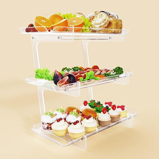 Bakzon 3 Tier Acrylic Serving Tray, 15.3" x 7.1" Dessert Table Display Set Stand for Party, Desserts, Fruits, Cookies – Reusable Collapsible Tiered Platters for Cupcakes, Veggies, and Sweet Treats