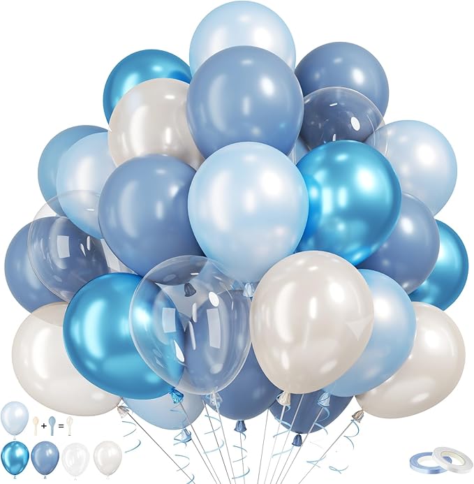Blue Balloons, 60Pcs Pearl White and Blue Balloon, 12 Inch Latex Double Stuff Pearl Blue Balloons for Boy Baby Shower Birthday Party Gender Reveal Wedding Anniversary Graduation Party Decorations