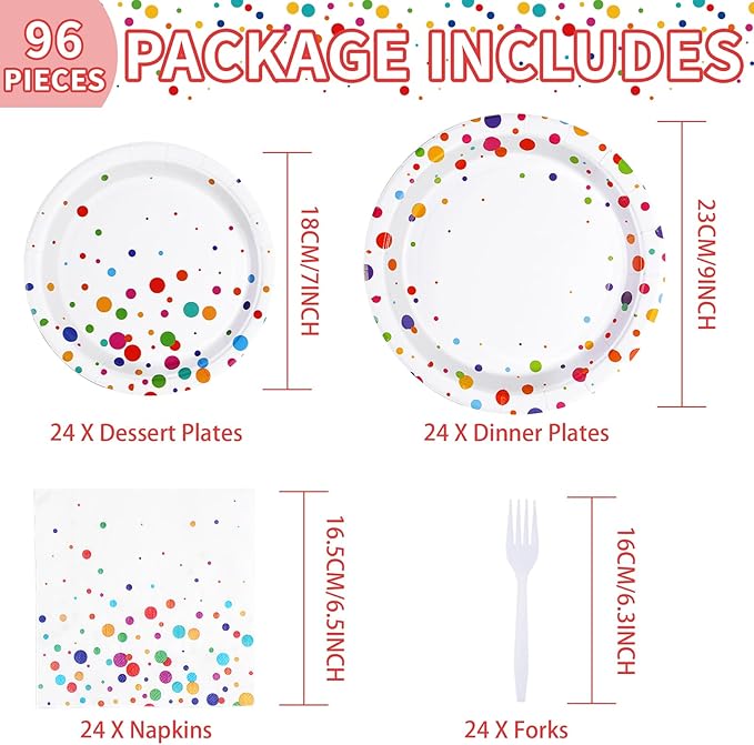 Grencian 96 Pcs Colorful Polka Dots Party Supplies Colorful Birthday Plates and Napkins Sets Confetti Bubble Plates Rainbow Dots Tableware for Birthday Baby Shower Rainbow Party Decorations Serves 24