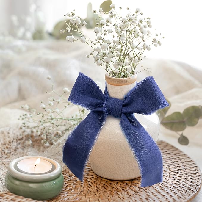 Blue Cotton Linen Ribbon 1.5" x 21Yds Boho Vintage Rustic Ribbon Handmade Fringe Frayed Cloth Fabric Ribbon for Gift Wrapping Wedding Invitations Bridal Bouquets DIY Crafts