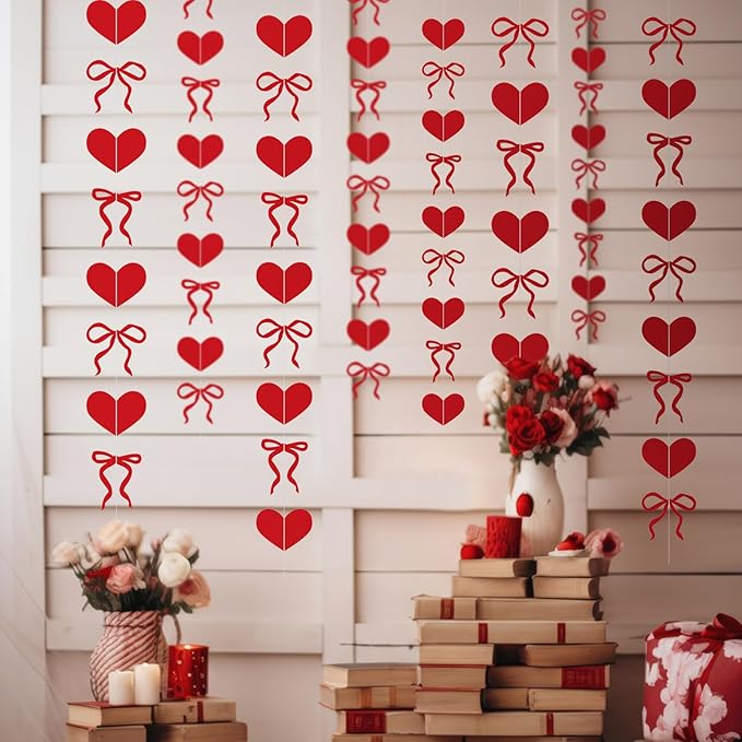 TaoBary 8 Pack Valentine's Day Red Heart Garland 6.56 ft Pre Strung Bow Bunting Banner Romantic Love Streamer Paper Hanging Decorations for Home Office Anniversary Wedding Engagement Party Decor