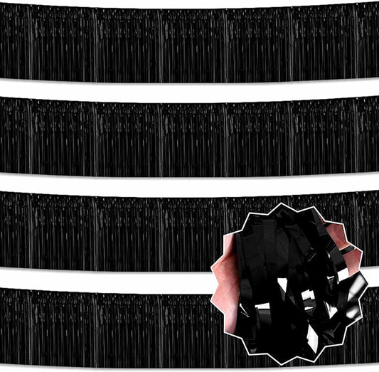 4 Pack 10 Ft Black Foil Fringe Garland Metallic Streamers Tinsel Banner Wall Hanging Garland Backdrop for Parade Floats, Halloween, Christmas, Thanksgiving, New Year Party Decorations