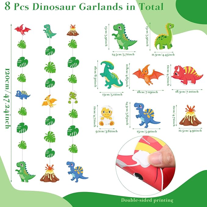 Daifunli 8 Pcs Dinosaur Party Decorations Dinosaur Garlands Watercolor Dino Hanging Banner Palm Leaves String Decor for Boy Jungle Dino Theme Birthday Baby Shower Party Supplies Home Wall Backdrop