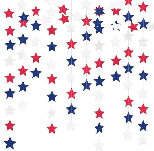 Red, White & Blue Iridescent-Star-Garland 90FT – 240 Pcs Sparkling Star Streamers – Hanging Glitter Star Banner Backdrop for Birthday, Baby Shower, Wedding, Christmas Party Decorations (6 Packs)
