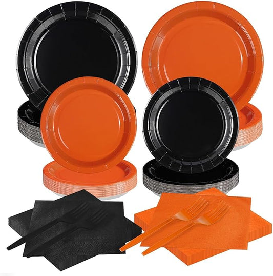Grencian 200Pcs Orange and Black Graduation Decorations Black and Orange Plates and Napkins Disposable Graduation Tableware for Birthday Wedding Baby Shower Congrats Grad Party Supplies Serves 50