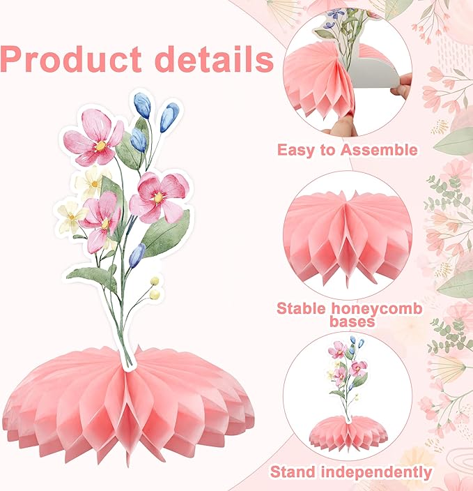 9 PCS Floral Honeycomb Centerpieces Spring Flower Theme Table Centerpiece 3D Wildflower Birthday Table Decorations for Spring Floral Theme Girls Baby Shower Wedding Birthday Party Decoration
