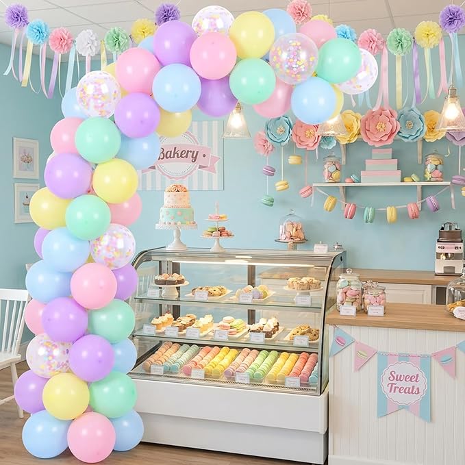 RUBFAC Pastel Balloons Easter Party Balloon, 65pcs 12 Inch Light Rainbow Colorful Latex Confetti Balloons for Easter Birthday Baby Shower Bridal Wedding Party Decoration