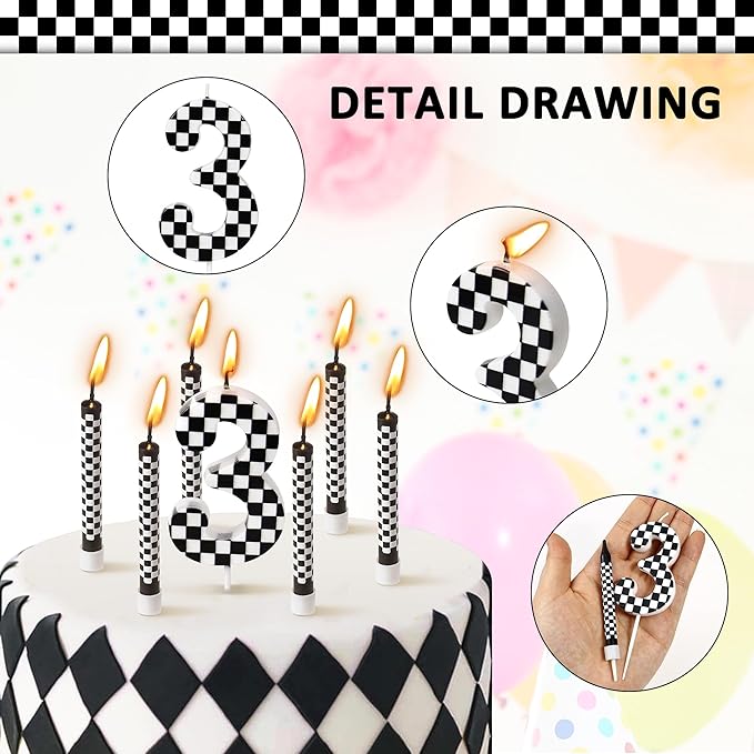 13 Pcs Racing Cars Themed Birthday Candles, Black and White Checkered Birthday Cake Candles, Numeral 3 Candle Wheel Tire for Racing Car Party Decoration Theme Party Supplies (Number 3)
