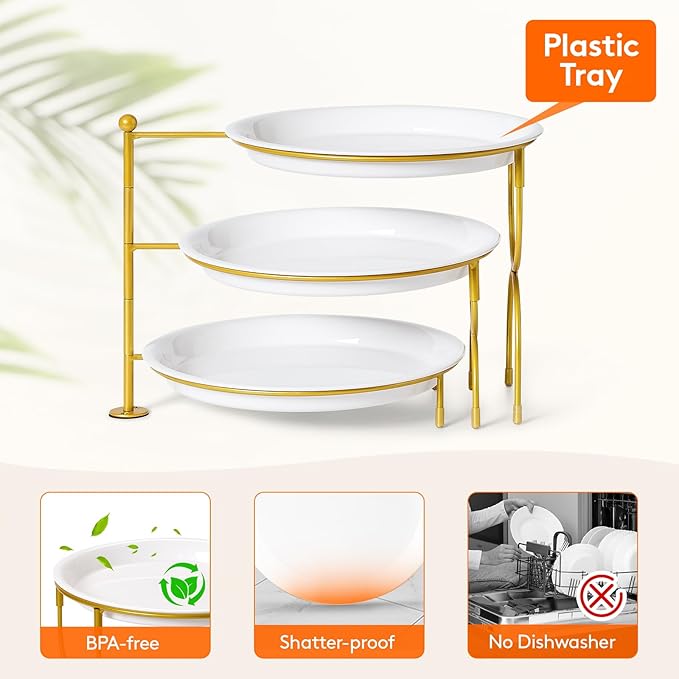 Lifewit Plastic 3 Tier Serving Tray for Party, 25 cm/10" White Reusable Round Serving Platters with Black Collapsible Metal Stand, Decorative Dessert Table Display Set for Veggie, Fruit, Cookies