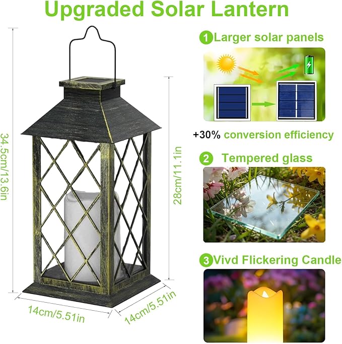 14" Large Tempered Glass Solar Lanterns Outdoor Waterproof, Hanging Solar Lights with Flickering Flameless Candles, Retro Solar Lantern for Wall Porch Patio Table Garden Decoration (Bronze)