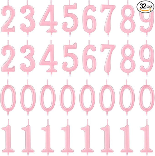 32 Pieces Number Birthday Candles Gold Cake Candles Number 0-9 Cake Decoration for Birthday Ten-Year Milestone Anniversary Wedding Party Celebration (Pink)