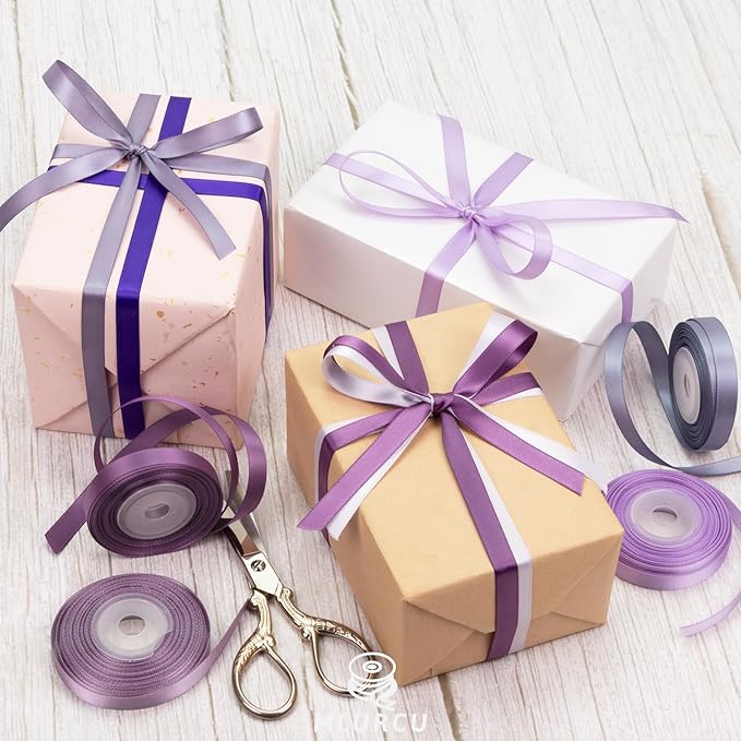 Thin Purple Ribbon 3/8 Inch x 60Yds Assorted Lavender, Lilac, Dark Purple, Double Faced Satin Ribbon for Flower Bouquet, Gift Wrapping, Wedding Invitation, Bridal Shower, Hair Bows, Gift Bags, Crafts