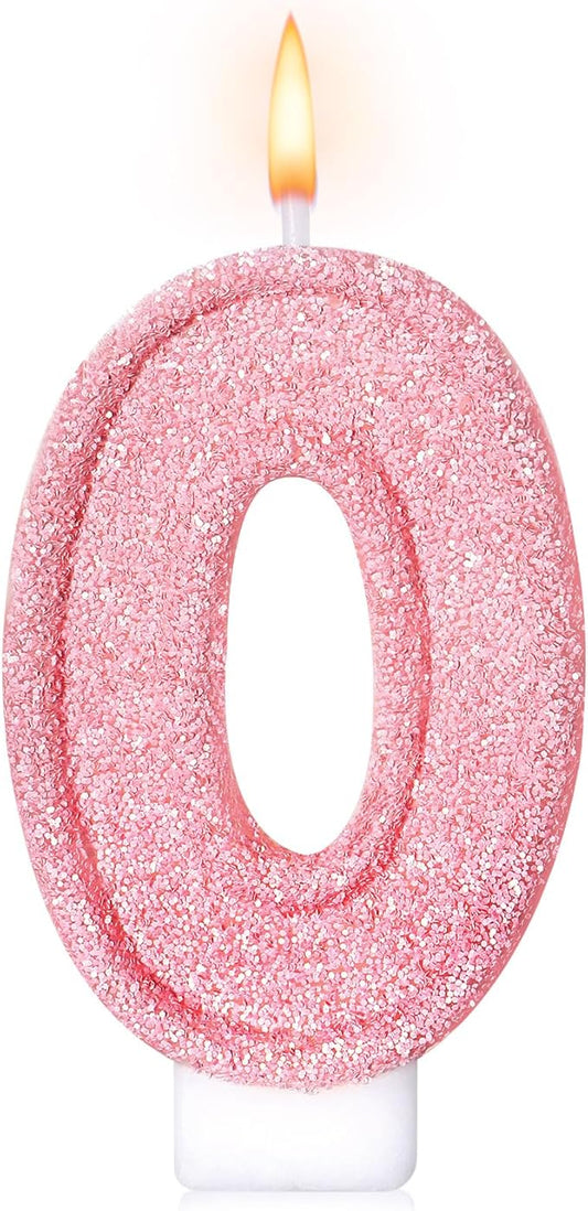 Cute Number 0 Birthday Candle, Glitter Pink Number Candles, Birthday Cake Topper Decoration, Party Supplies Anniversary Celebrations