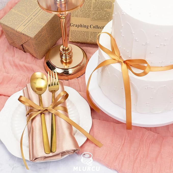 Gold Ribbon Thin 3/8 Inch x 60Yards Golden Brown, Copper, Champagne, Assorted Double Faced Gold Silk Satin Ribbon for Gift Wrapping, Flower Bouquet, Wedding, Bridal Shower, Christmas, Bows & Crafts