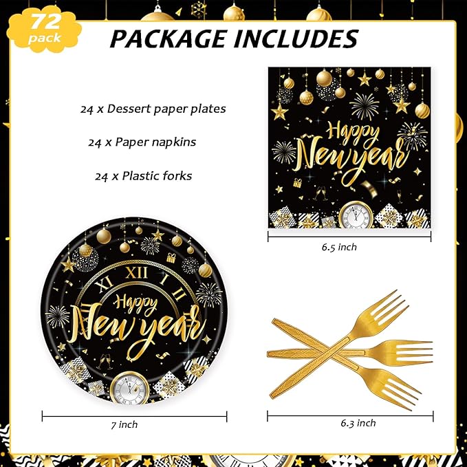 72Pcs Happy New Year Paper Plates and Napkins Black & Gold Party Plates 2026 New Year Party Supplies Tableware Set for New Year's Eve Holiday Decorations