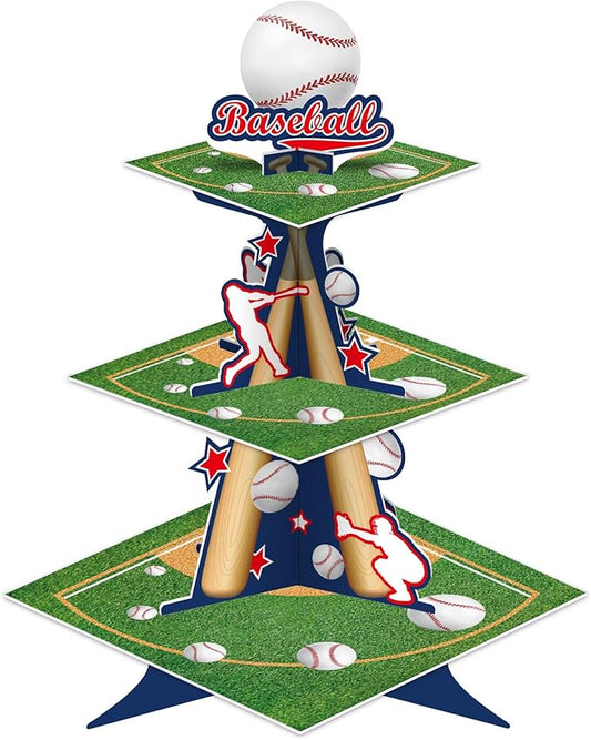 KALEFO 3 Tier Baseball Cupcake Stand Grand Slam Dessert Tower Sports Party Centerpiece for Baseball Birthday Team Celebration Cake Display Decorations Supplies