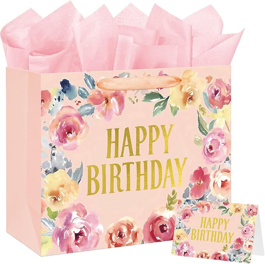 16.5" Extra Large Happy Birthday Gift Bag with Card and Tissue Papers, Handles Floral Design for Women Girls Birthday Party (16.5" Pink)