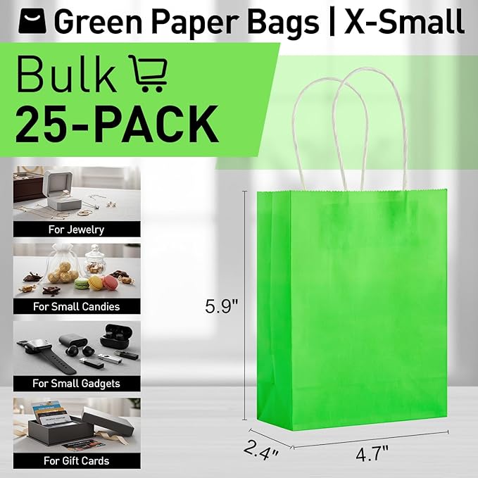 SUNCOLOR Small Green Paper Gift Bags with Handles, 25-Pack,6" Mini bags for Jewelry, Candies, Gadgets, Party Favors