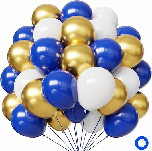 Hiquaty Blue and Gold Balloons,60pcs Royal Blue Balloons,12 Inch Blue and White Balloons with Blue Ribbon for New Year Party Wedding Bridal Shower Decorations