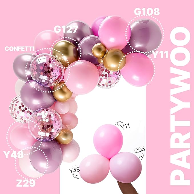 PartyWoo Pink and Gold Balloons 66pcs 12 Inch Metallic Gold Pearl Matte Hot Light Pastel Pink Confetti Balloons for Gender Reveal Baby Shower Bridal Shower Princess Birthday Party Decorations