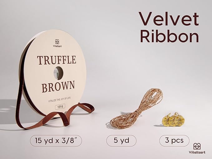 Vitalizart Brown Velvet Ribbon Set 3/8" Continuous Fabric Trim Thin Ribbon 15Yd for Gift Wrapping, Tree Ornaments, Vintage Christmas Paper, Crafts, Bows, Holiday Decor with Gift Twine